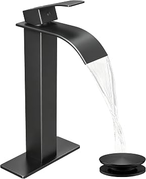 Tall Vessel Single Handle Bathroom Sink Faucet Black | Matte Black Vanity Faucet with Drain, Waterfall, llaves para lavamanos de bano, for 1 or 3 Hole Modern Bathrooms