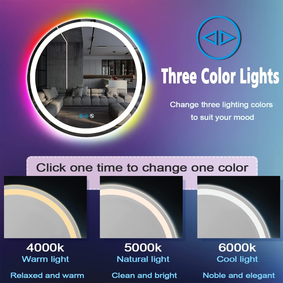 24 Inch Round LED Bathroom Mirror with Lights 3 Color+ Rainbow RGB 7 Color Changing Backlit Round Lighted Mirror for Bathroom Wall AntiFog 24 Mood Change Light RGB Smart Circle Round LED Mirror