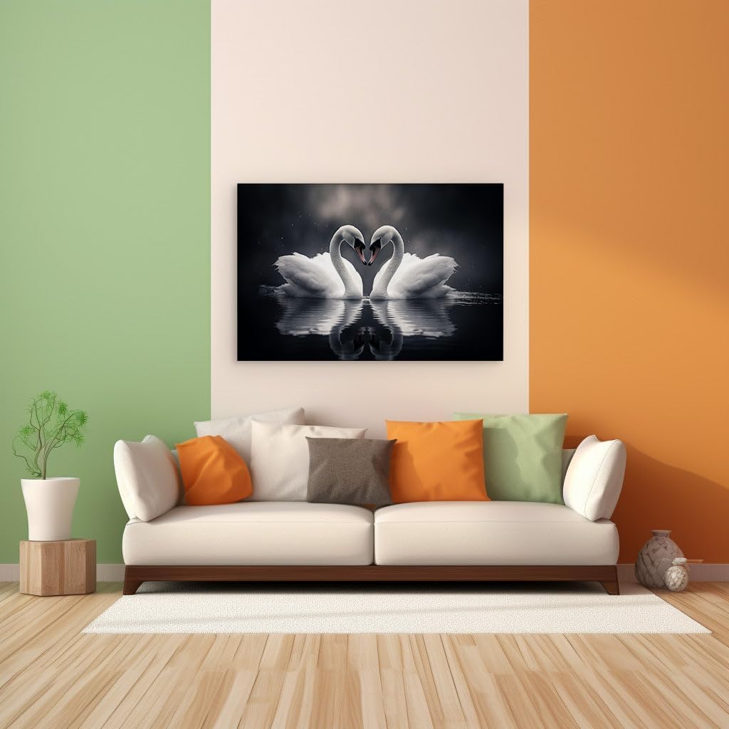 Canvas for Living room. Swan Silhouettes Weave a Heart on Tranquil Waters, 27 x 18 inch Canvas Wall Art - Contemporary Masterpieces - Modern Home Decor - 69x46 cm (27x18 inch)