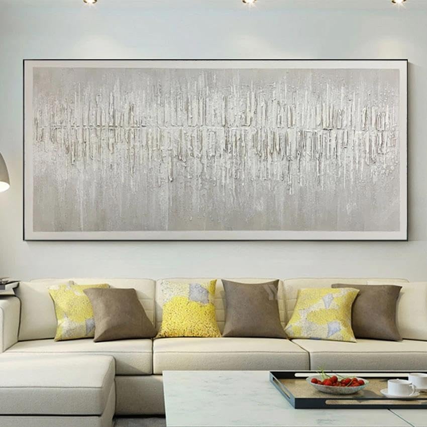 Grand tableau abstrait gris pour habiller un grand mur vide de salon sans cadre