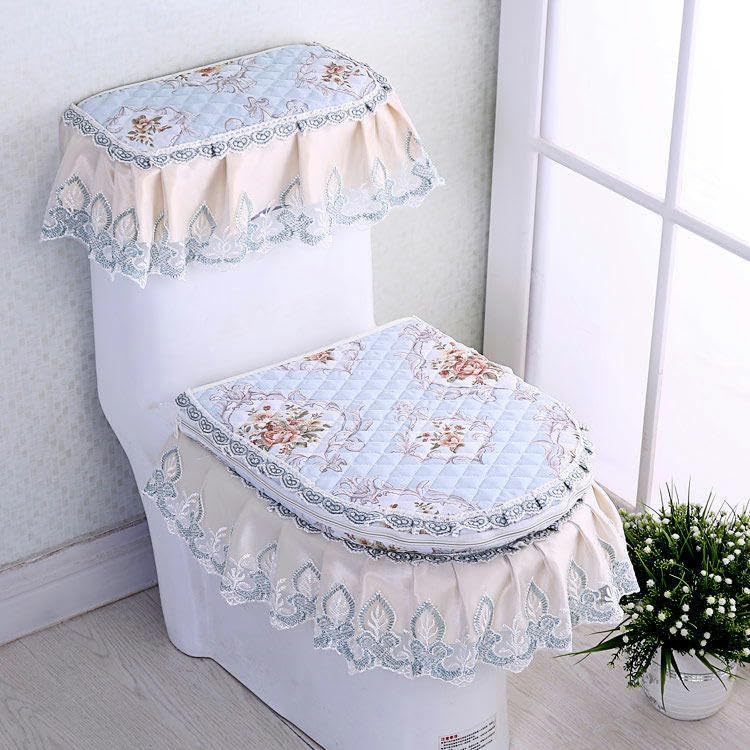 Toilet lid cover 3pcs/Set Thicken Warm Soft Embroidery Flowers Toilet Lid Cover Set & Tank Covers Seat Cushion Pads(Blue)