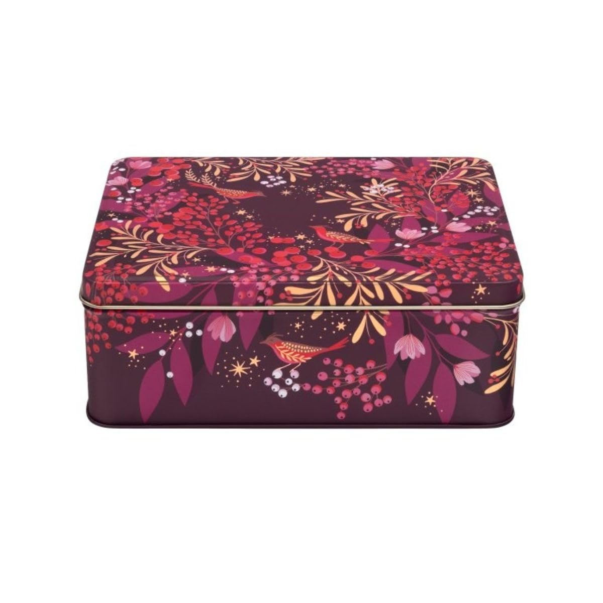 Elite tins Sara Miller Christmas Berry Wreath Deep Rectangular Storage Tin – Decorative Metal Kitchen Food Tin with Birds & Festive Botanical Design – Christmas Gift