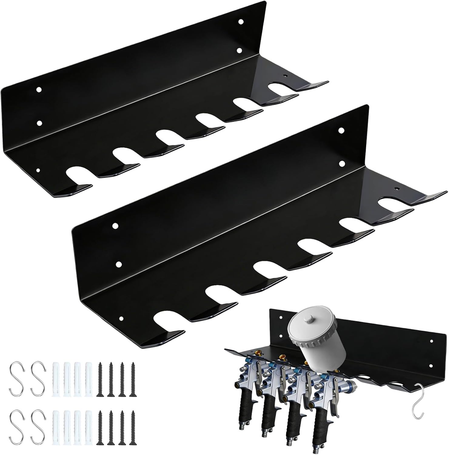 2 Pack Spray Paint Gun Holder with 2 S-Hooks, Spray Gun Rack Wall Mount Holds 6 Gravity Feed Guns or 3 with Cups, Heavy Duty Steel Grease Gun Mount, Workshop, Garage Tool Organizer Storage