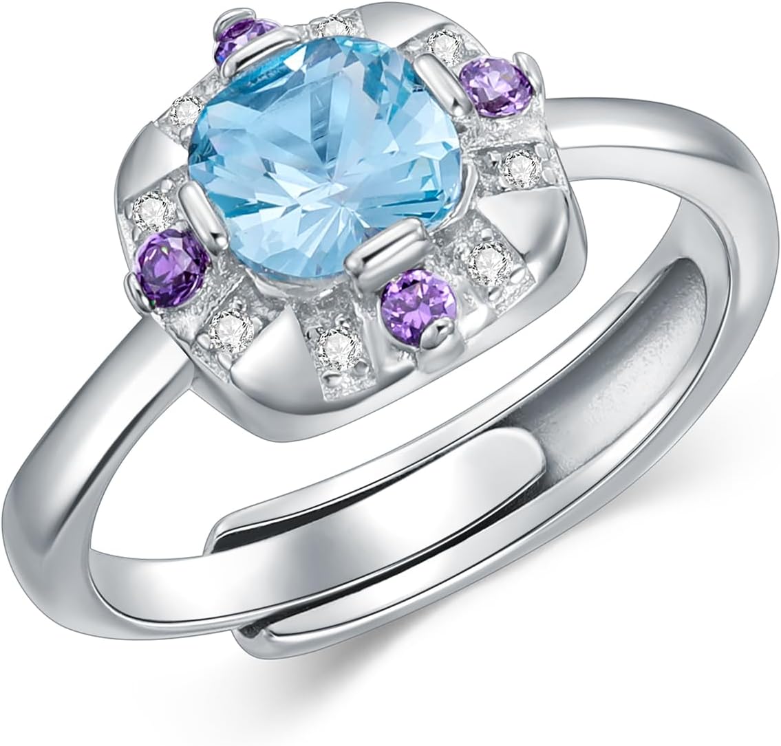Amethyst/Sapphire/Aquamarine Ring for Women 925 Sterling Silver Gemstone Engagement Anniversary Rings Birthstone Ring Adjustable size 7