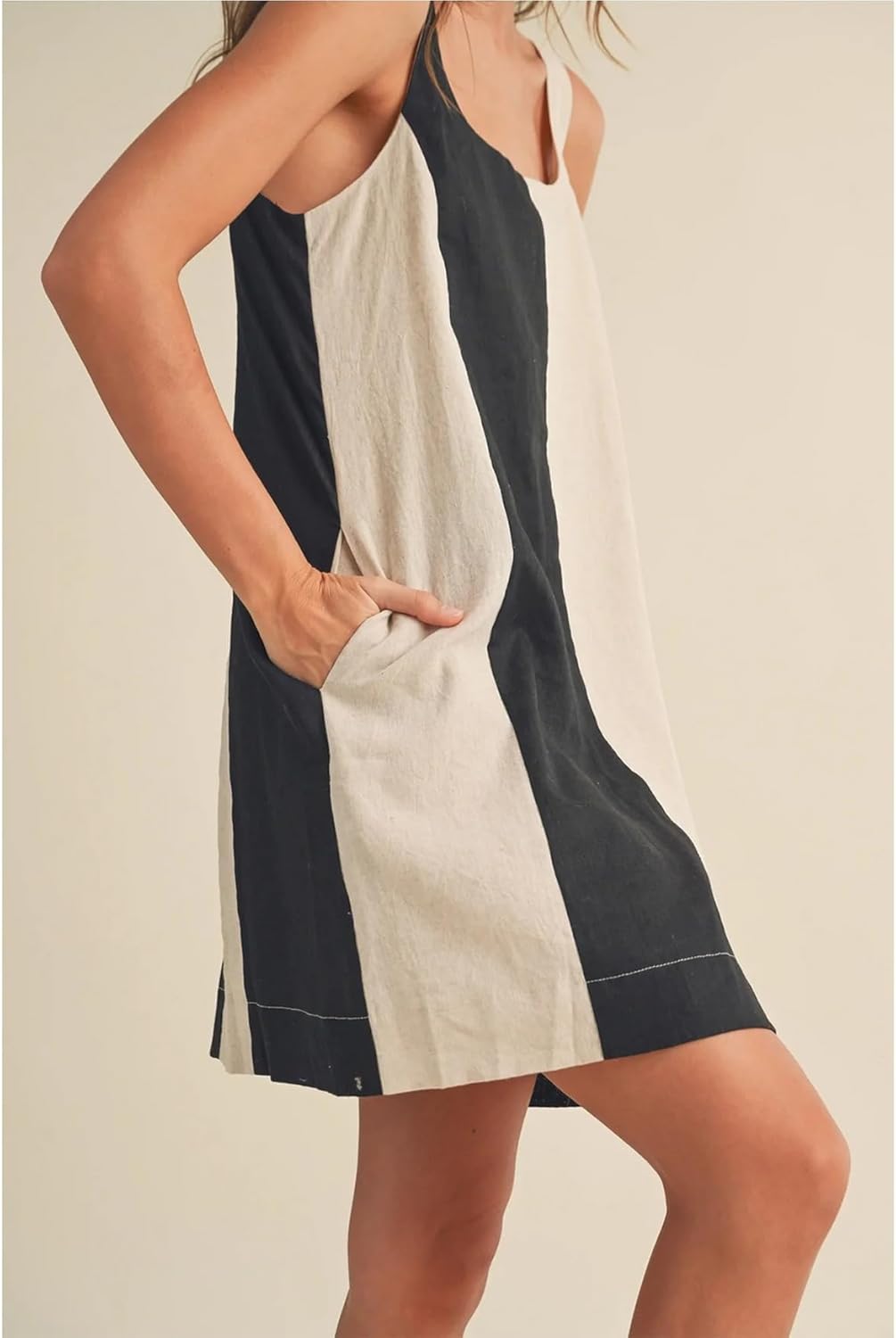 Womens Sleeveless Cotton Dress Summer Fall Color Block Mini Dress Casual Short Adjustable Straps Beach Tank Dress - Image 7
