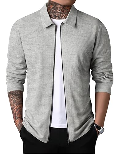 PICKLION Men Casual Lightweight Jackets Laydown Collar Zipper Closure Solid