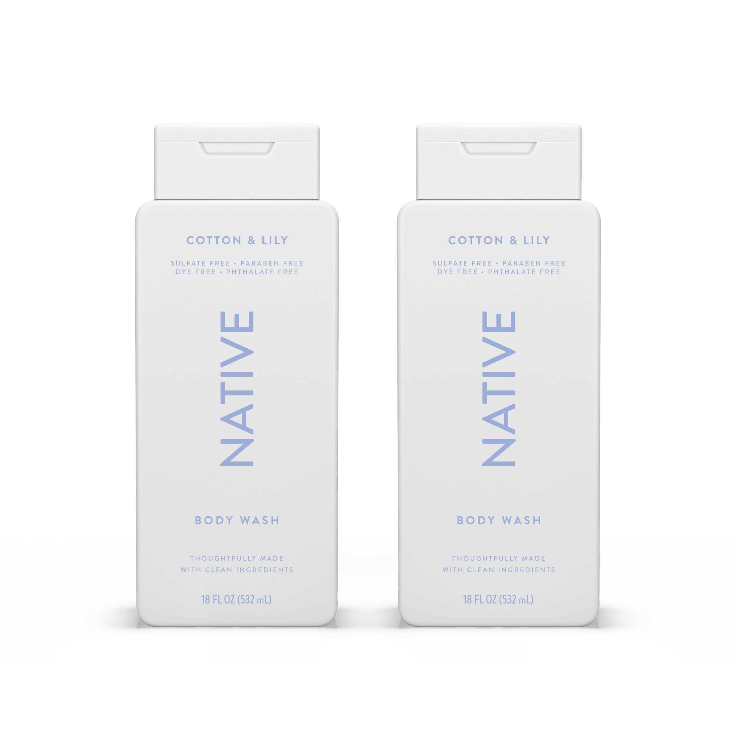 Native Body Wash Contains Naturally Derived Ingredients | For Women & Men, Sulfate, Paraben, & Dye Free Leaving Skin Soft and Hydrating | Cotton & Lily 18 oz - 2 Pk