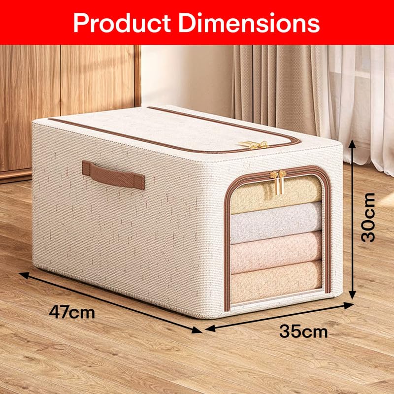 Image of Prime Pick Storage Box Set Foldable Jute Cloth Organizer with Lid Reinforced Handles Washable Wardrobe Storage Bin for Clothes Almirah Drawer Beige Pack of 2
