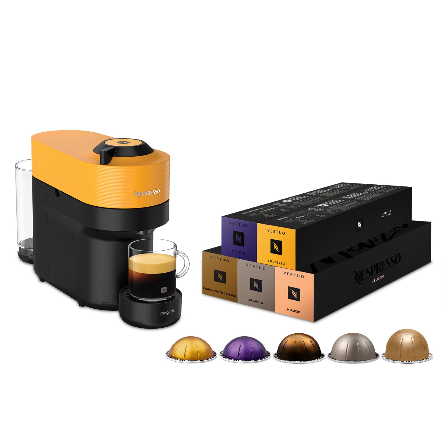 Nespresso Machine à café Vertuo Pop, Jaune Magimix Vertuo - Bundle 50 Capsules