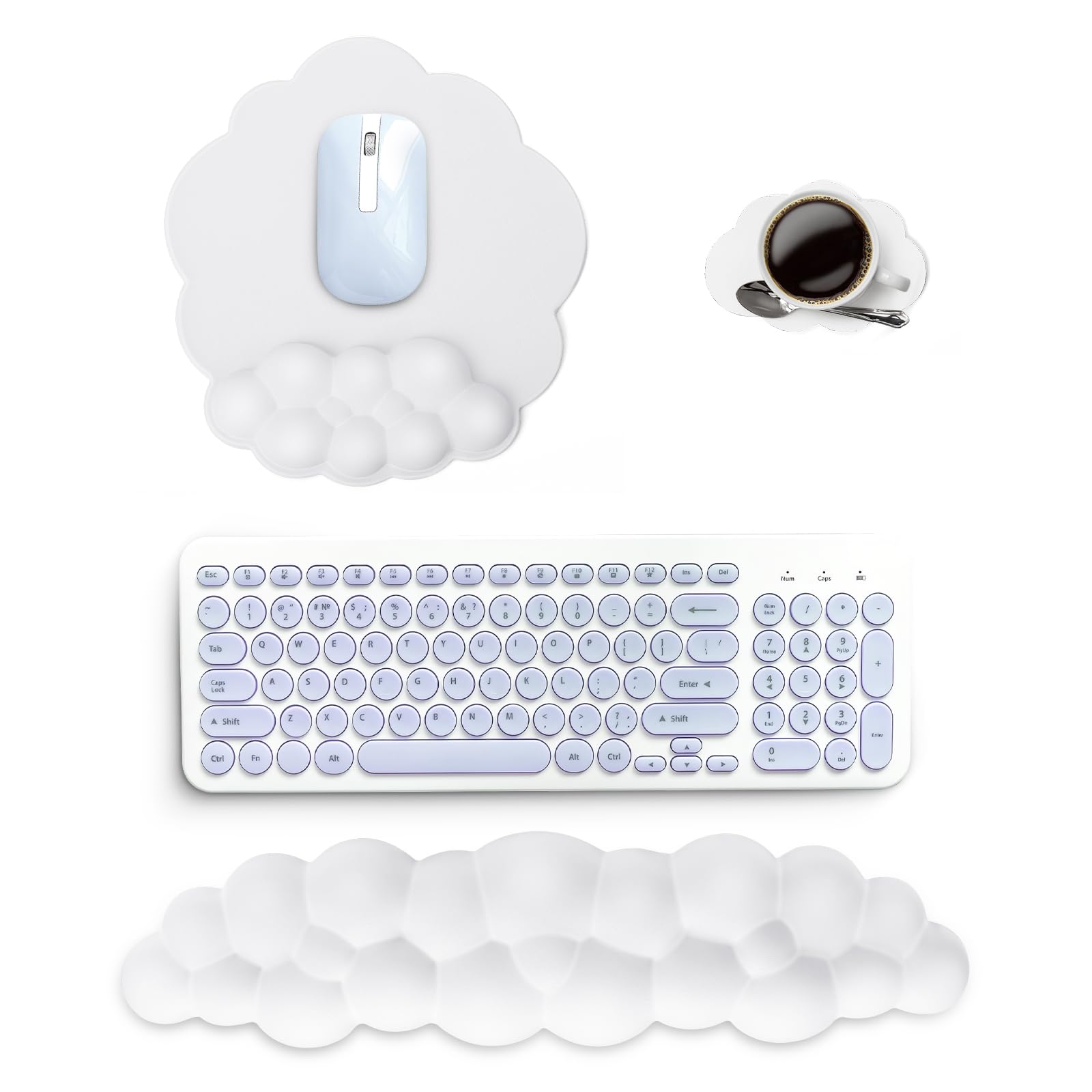 Keyboard Mouse Mat Wrist Supports with Coaster Set, 3 in 1 Ergonomic Memory Foam Mouse Pad Wrist Support Combo for Pain Relief, White Cloud Keyboard Wrist Rest with No-Slip Base for Computer, Laptop