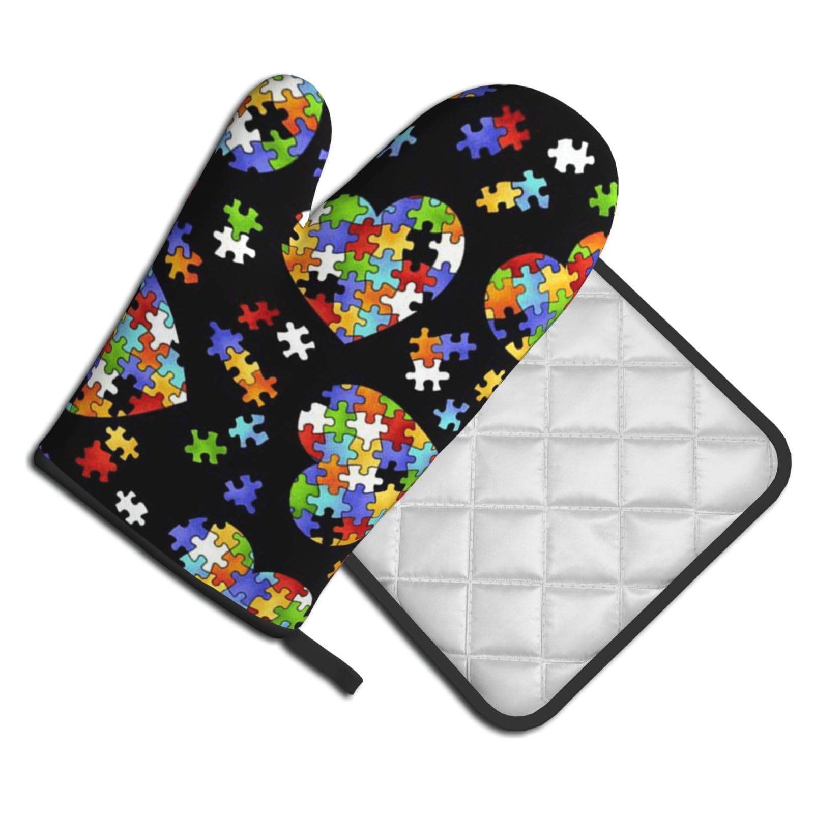 Oven Mitts and Pot Holders Set of 2 Pcs, Autism Awareness Puzzle Pieces Heart Printed Heat Resistant Kitchen Gloves Potholders for Cooking Baking Grilling