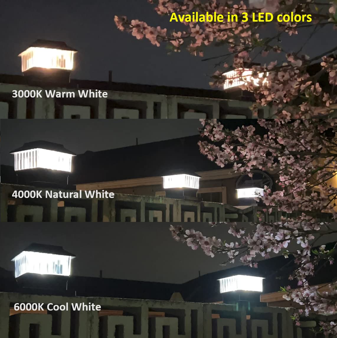 50 Lumen Solar-Pfosten-Leuchten passend für 10x10 cm Vinylpfosten, 15x15 cm Holzpfosten, LED-Farbe wählbar, 3000 K/4000 K/6000 K, hohe Helligkeit, LED-Glühfaden, wasserdicht, schwarz, 1 Stück
