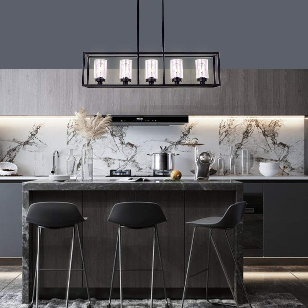 New Arrivals XILICON Black Linear Chandeliers for Dining Rooms,Kitchen Island Farmhouse Lighting Fixture Industrial Rustic Ceiling Hanging 5 Light Modern Pendant Light with Glass Shade