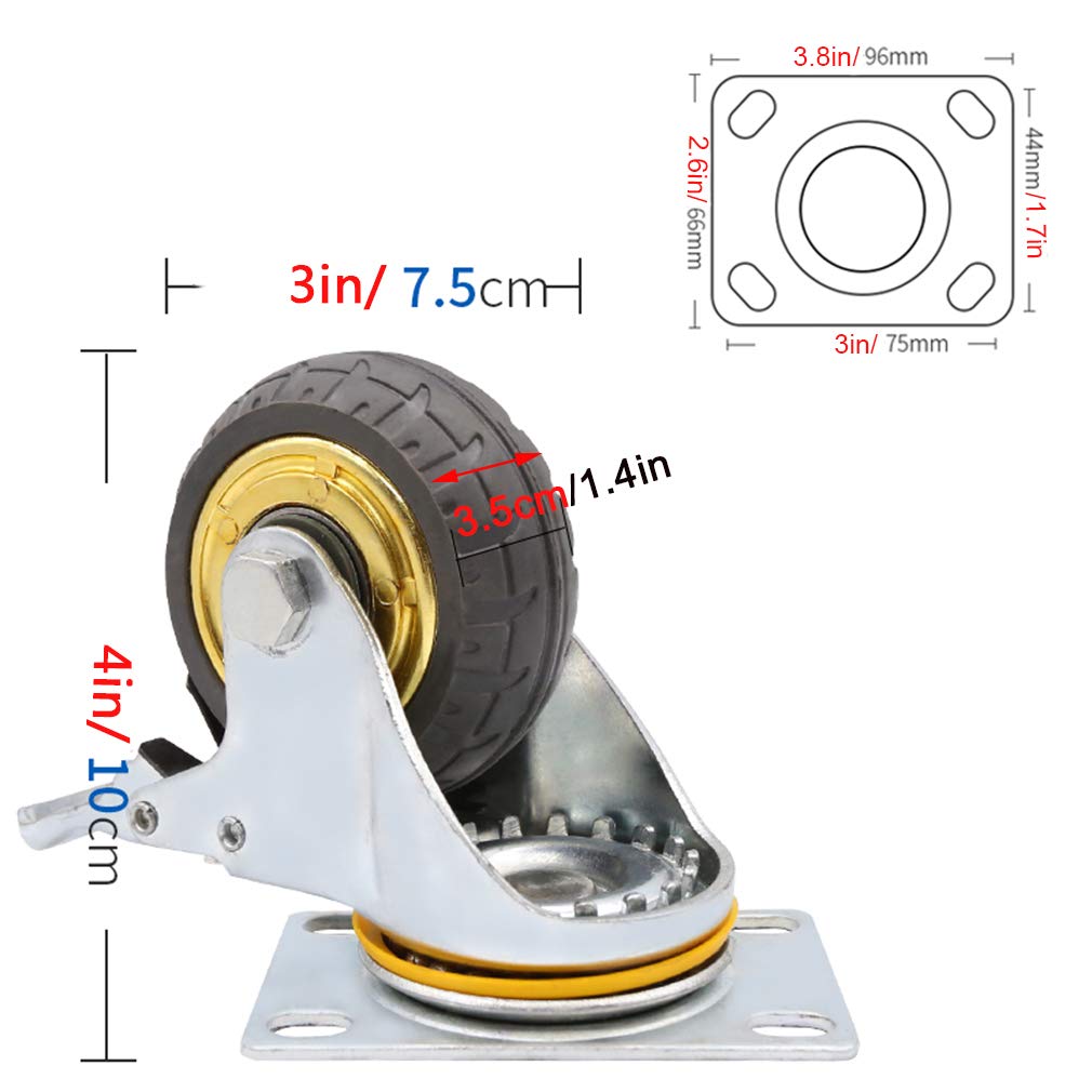 NIANXINN Lenkrollen,4X Transportrollen mit Sicherheitsverriegelung,Schwerlastrollen,Möbelrollen,Schwenkrollen Laufrollen,Polyurethan-Gummibeschichtung Industrie Wagenrad,400Kg Last(4brake -3inch)