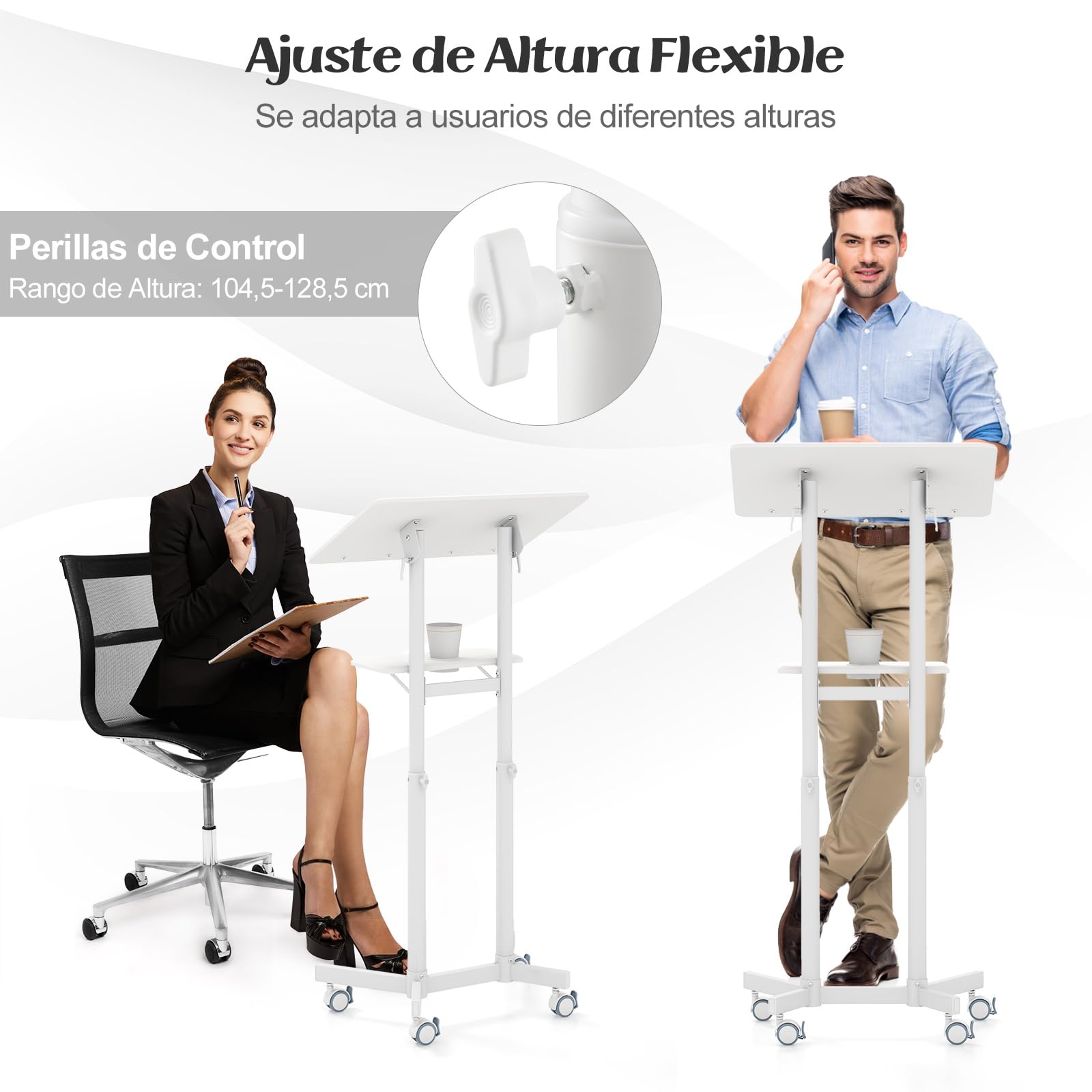 COSTWAY Atril Móvil con 4 Ruedas, Soporte de Podio con Tablero Inclinable, Estante de Almacenaje con Portavasos, Ajustable en Altura Flexibe104,5-128,5 cm, Soporte Para Aula, Iglesia, Oficina (blanco)