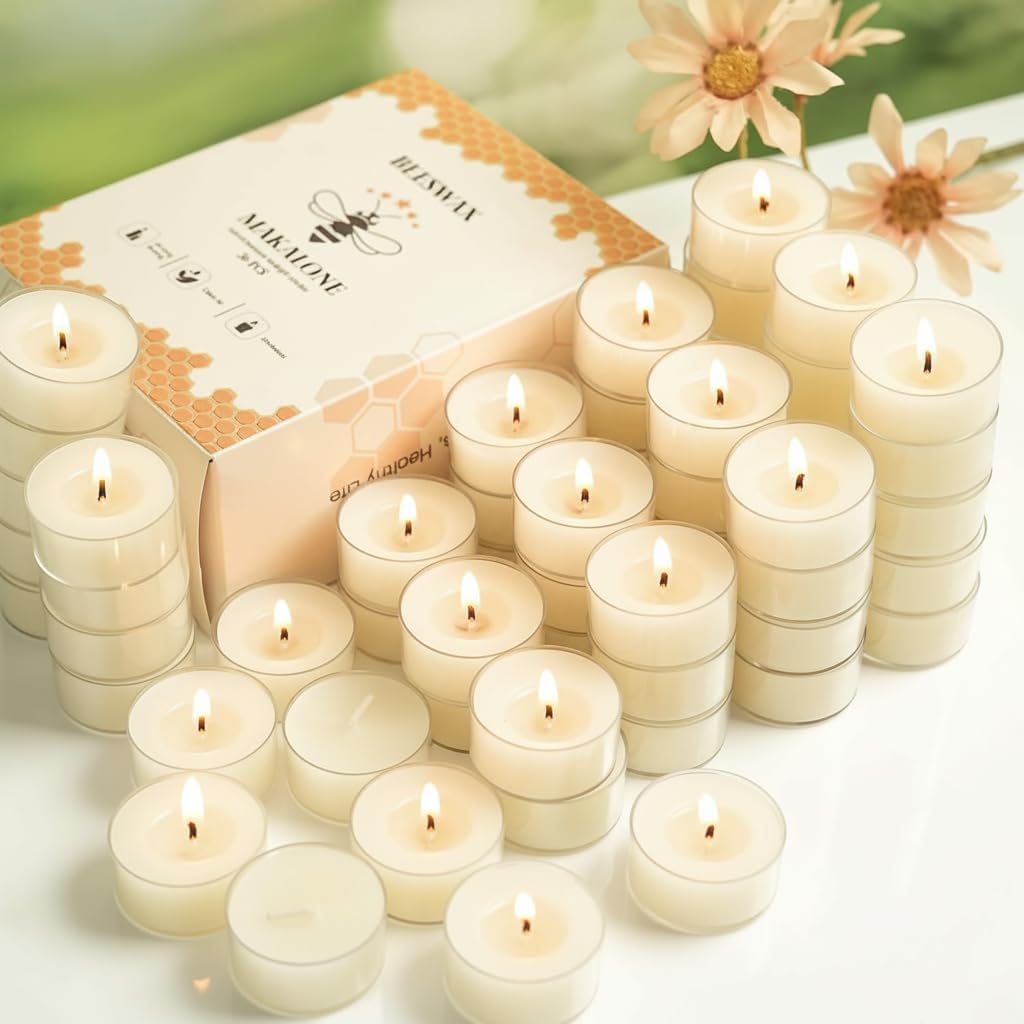 48Pcs White Beeswax Tea Light Candles-4 Hour Burn Time,100% Pure Natural Beeswax-Clean Burning & Air Purifying, Smokeless Bulk Tea Lights for Spa,Meditation,Wedding & Home Decor