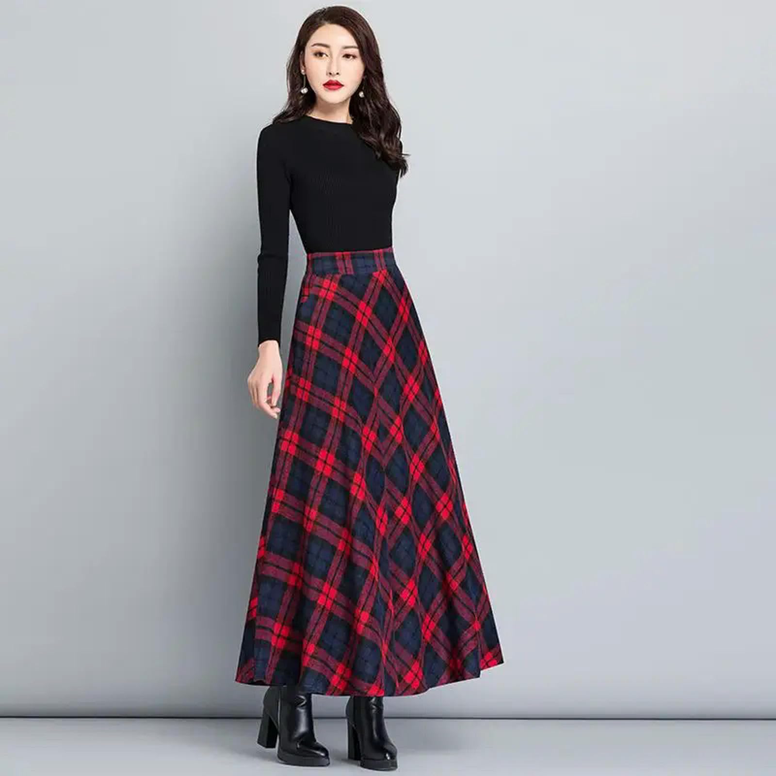 Mdybf Gonna Lunga Donna Autumn Inverno Inverno A Quadri Rossi Ad Alta Vita con Gonne A Lunghezza A-Riga Tartan-Un-l