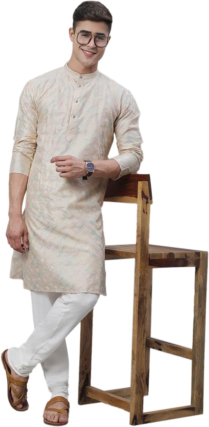 (Since 1958 Men's Silk Blend NavyBlue Kurta with Multi Color Embroidery and Off-White Pyjama