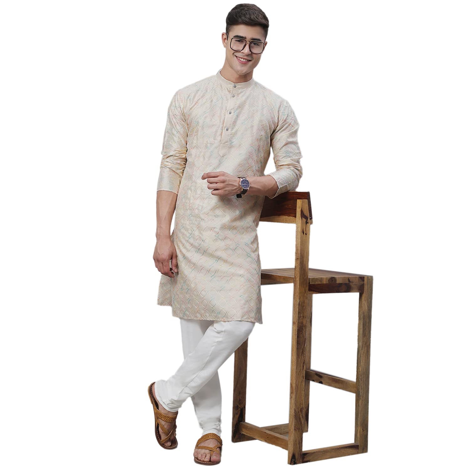 Sojanya (Since 1958 Men's Silk Blend Cream Kurta With Multi Color Embroidery And Off-White Pyjama