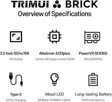 Trimui Brick Handheld Game Console 3.2-inch 1024*768 IPS Screen 3000mAh Built-in 64G TF Card Supports Multiple Simulators Linux System with Screen Protector Black
