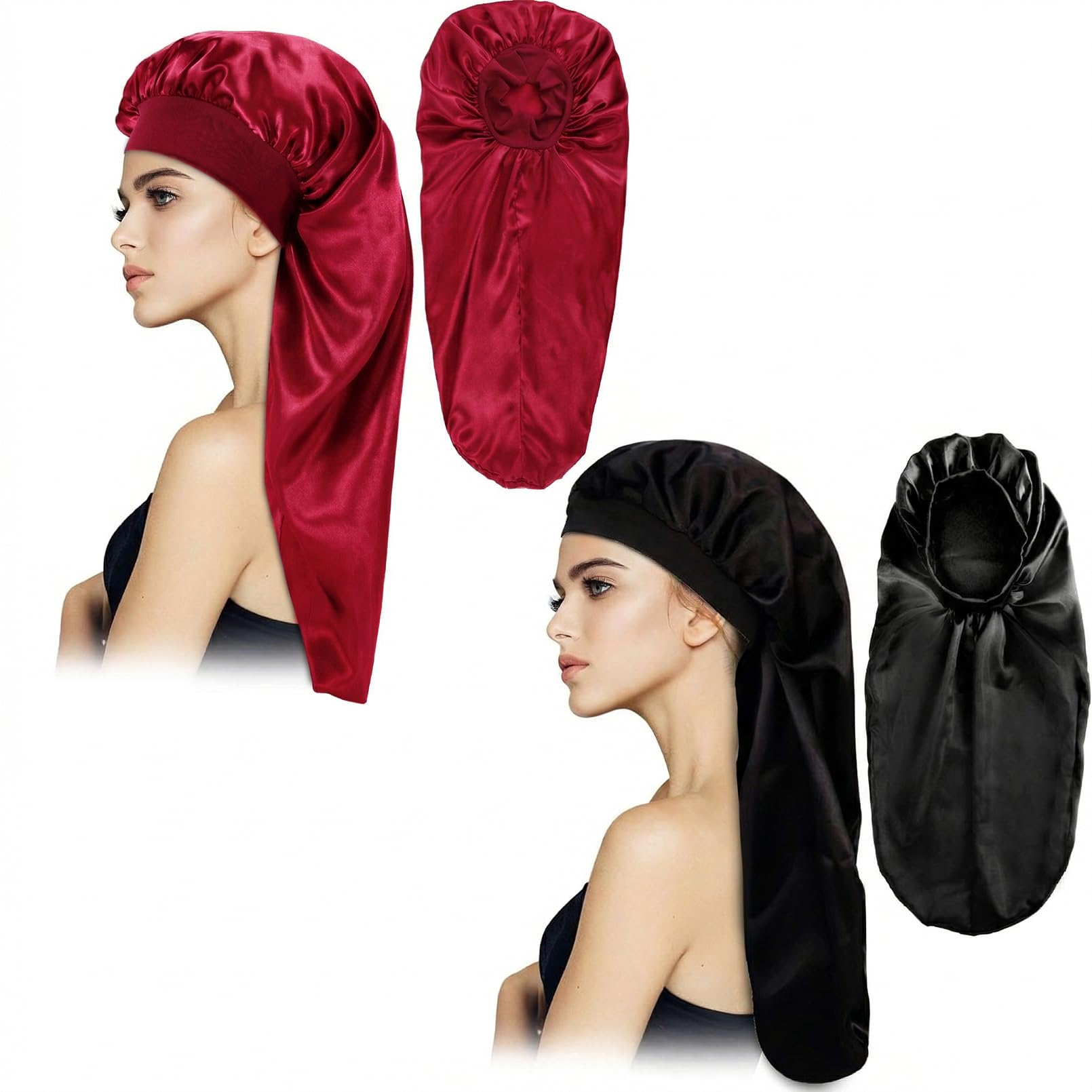 2 Stück Lange Satin-Schlafhaube, extra große Zöpfe, Hauben zum Schlafen, Lange Haare, weich und bequem, elastisches Band für Frauen, Nachtschlaf, Haar-Mützen für Frauen, Satin, schwarz + rosa Muster