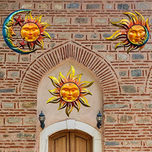 Newvees Sun Face Metal Wall Art Décor Outdoor Indoor, Sun Moon Star, Metal Glass Hanging For Garden Sun Face Sculptures & Statues Statues Wall Art For Farmhouse, Patio, Garden Decoration(3 Pack) #TOP3