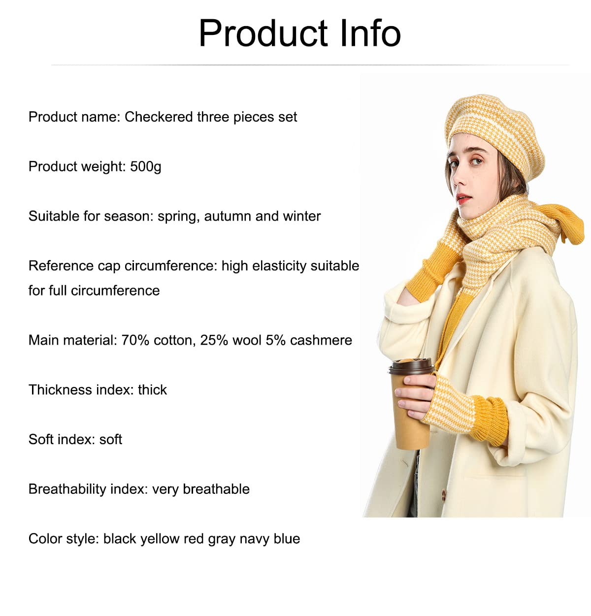 Dajingkj Baskenmütze für Damen, 3-teiliges Hut, Schal, Handschuhe, Set, Mädchen, Mode, fingerlose Handschuhe, Baumwolle, Winter-Geschenk-Set, gelb, Einheitsgröße