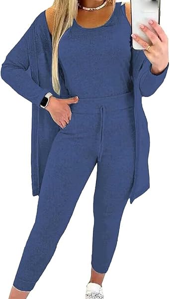 3 Piece Lounge Sets for Women Airplane Travel Outfits Cardigan Sleeveless Top Pant Pajamas Set Matching Fall Outfits