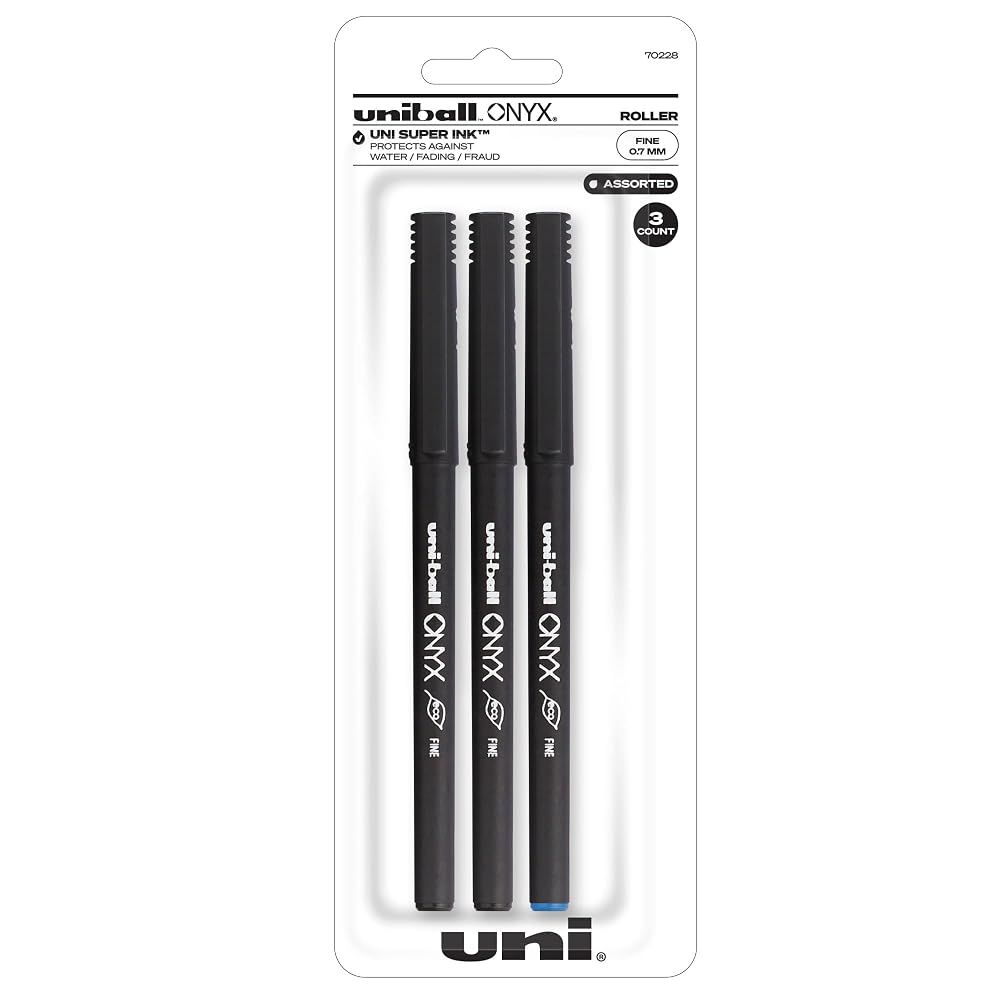 uniball Onyx Rollerball Pens, Fine Point (0.7mm), Black and Blue Ink, 3 Pack