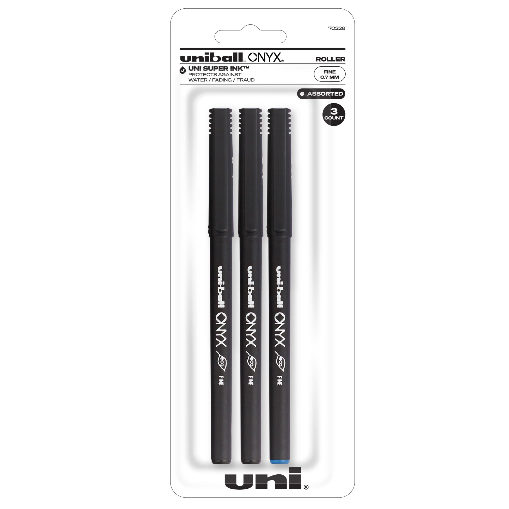 uniball Onyx-Tintenroller, feine Spitze (0,7 mm), schwarze und blaue Tinte, 3 Stück