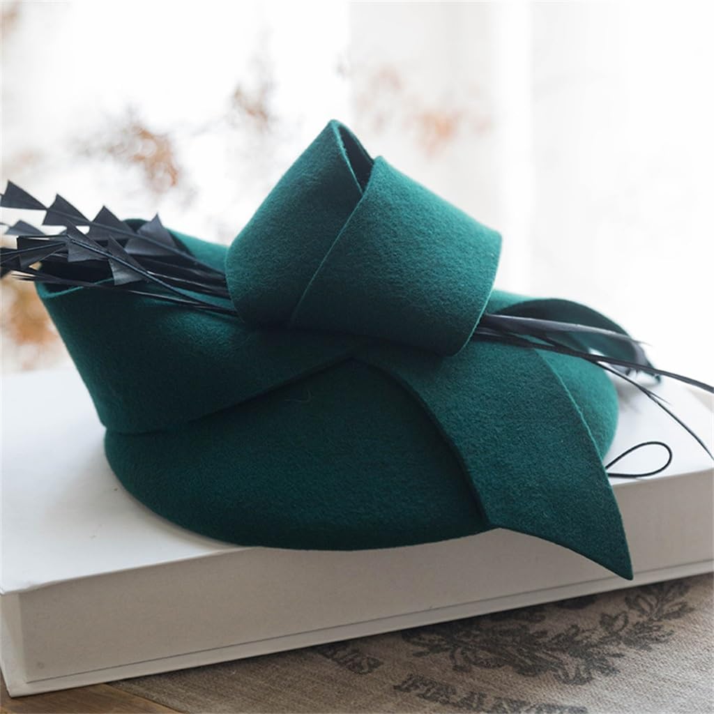 Dark Green Vintage Wedding Dress Dinner Cheongsam English Top Hat Mesh Flower Beret