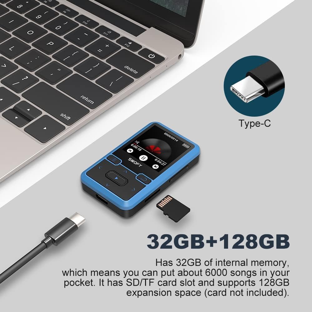 SWOFY Lettore MP3 Bluetooth 5.0 con clip sportiva, mini lettore musicale portatile da 32 GB, con cuffie, radio FM, contapassi, registrazione vocale, supporta scheda SD fino a 128 GB (blu)