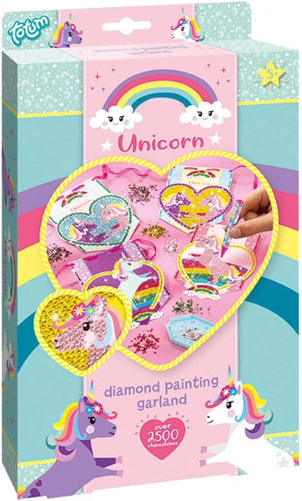 Totum Creative Unicorn Diamond Painting Garland Kit box showing contents and finished unicorn flags.
