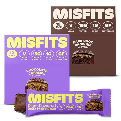 Misfits Barra de proteínas veganas, barras de proteínas de chocolate a base de plantas, caramelo de chocolate + brownie de chocolate, bocadillos