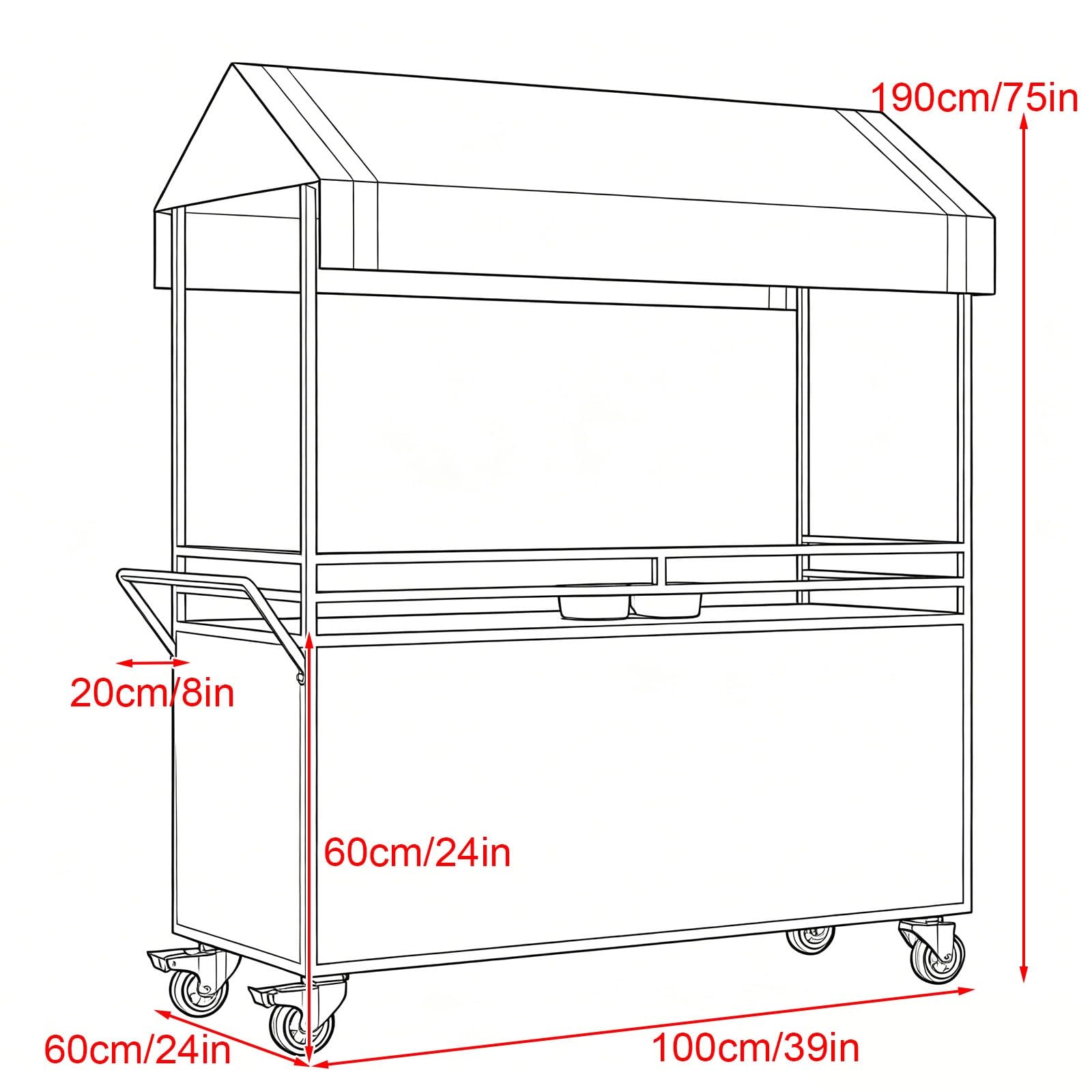 Carro de Venta Ambulante con Toldo Y Rueda, Puesto de Comida Portátil, para Exhibición y Ventas en Eventos(Red,120cm/47in)