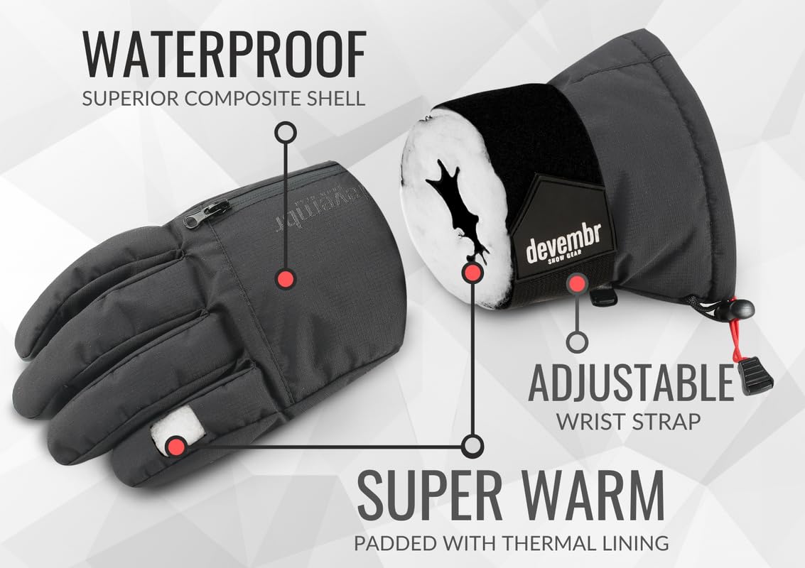 devembr Advanced Snowboarding Gloves with Wrist Guards & Removable Liners, Touchscreen, S