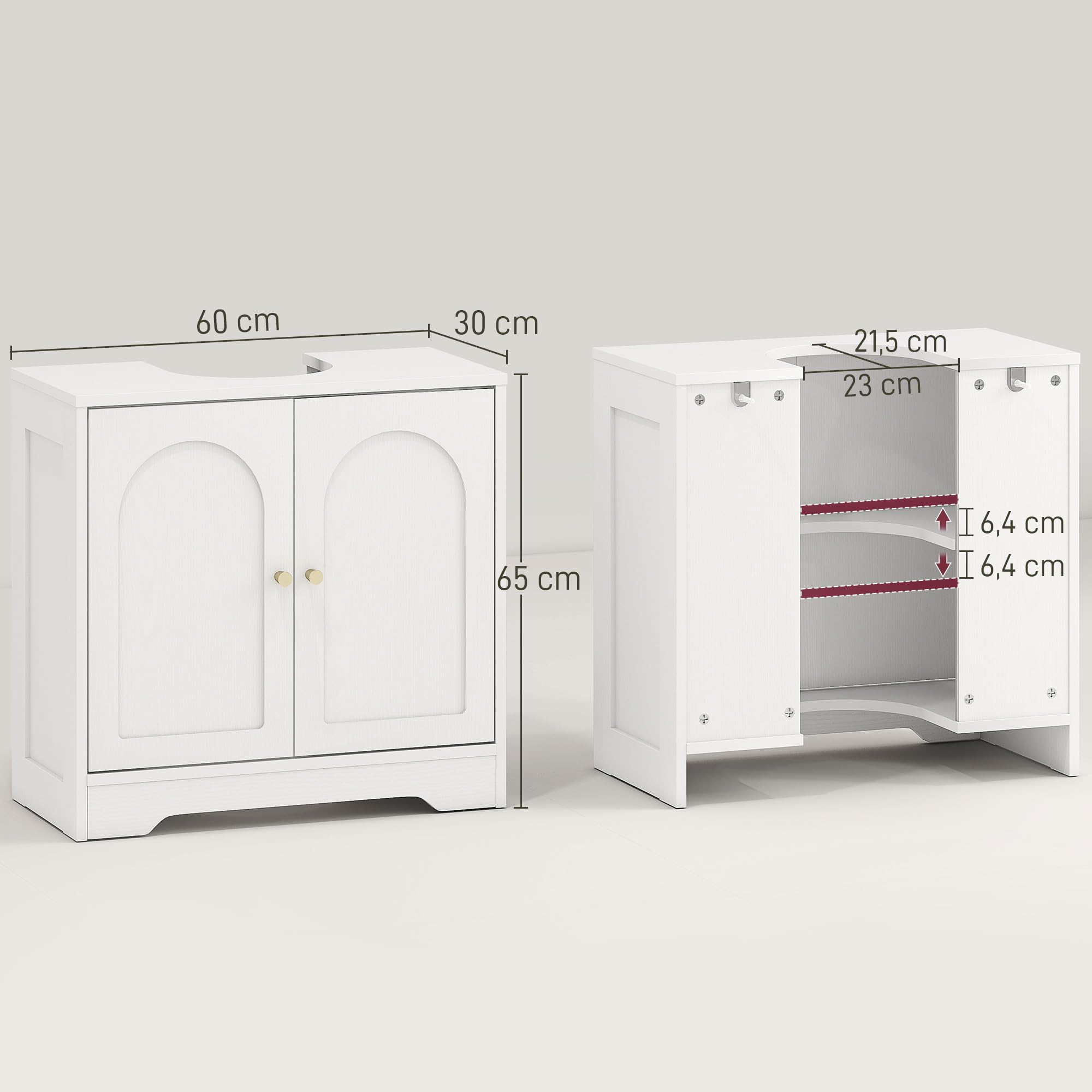 HOMCOM Meuble sous lavabo avec/sans Pédestal Socle 60 x 30 x 65 cm Blanc | Salle de Bain, Meuble sous Vasque, Armoire de Rangement pour Lavabo, Placard à Portes, Étagère Réglable, pour Bassin