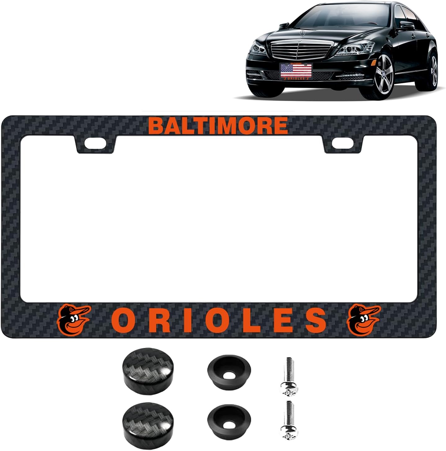 Black Carbon Fiber fit Orioles License Plate Frame Automotive