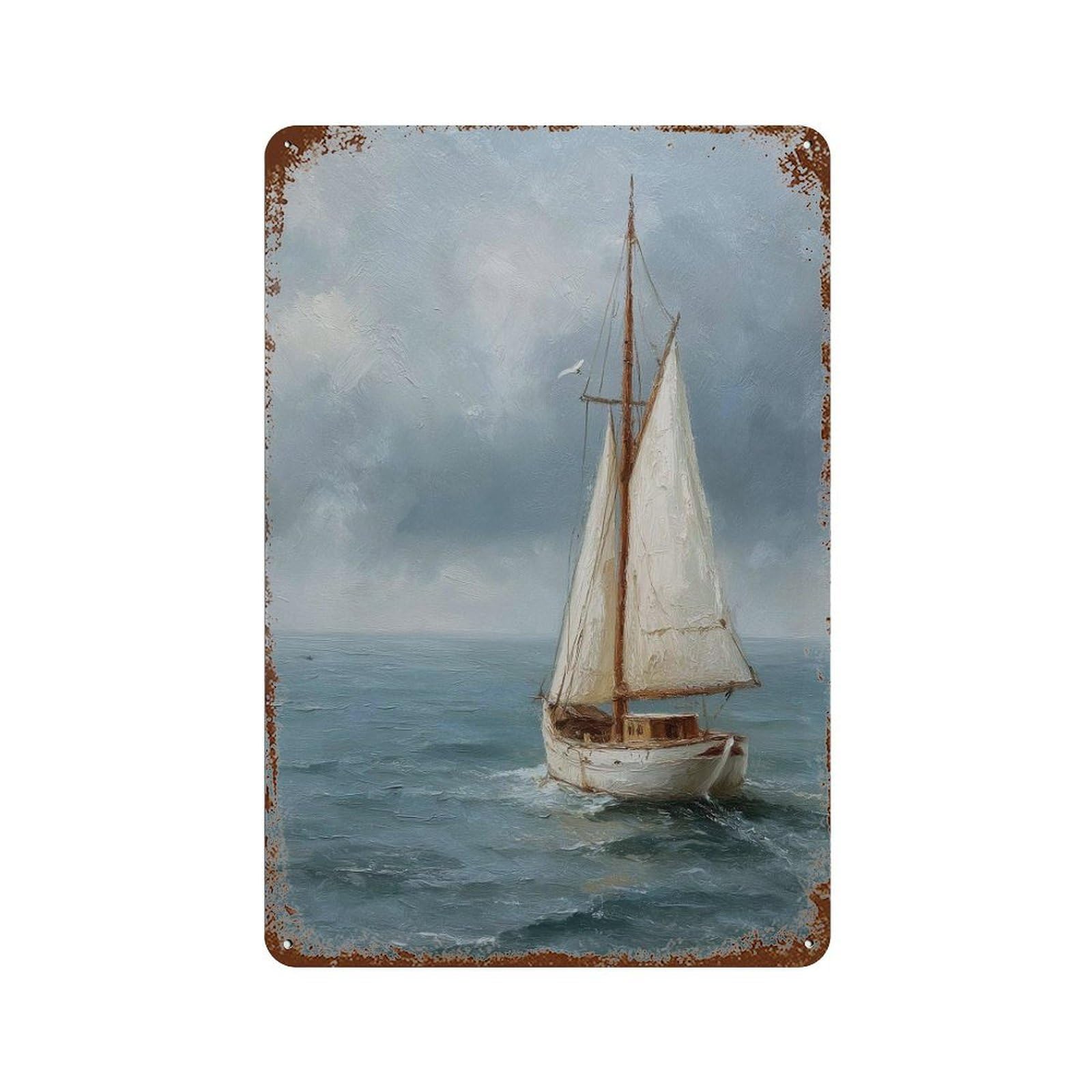 xiaoxiaoshen Sailboat Coastal Nautical Ocean Sea Painting Seascape Marine Style Boat Work No Wall Decor Art Metal Tin Poster Modern Home Decor Art Home Bar Shop Decorations Vintage Sign 30x20cm