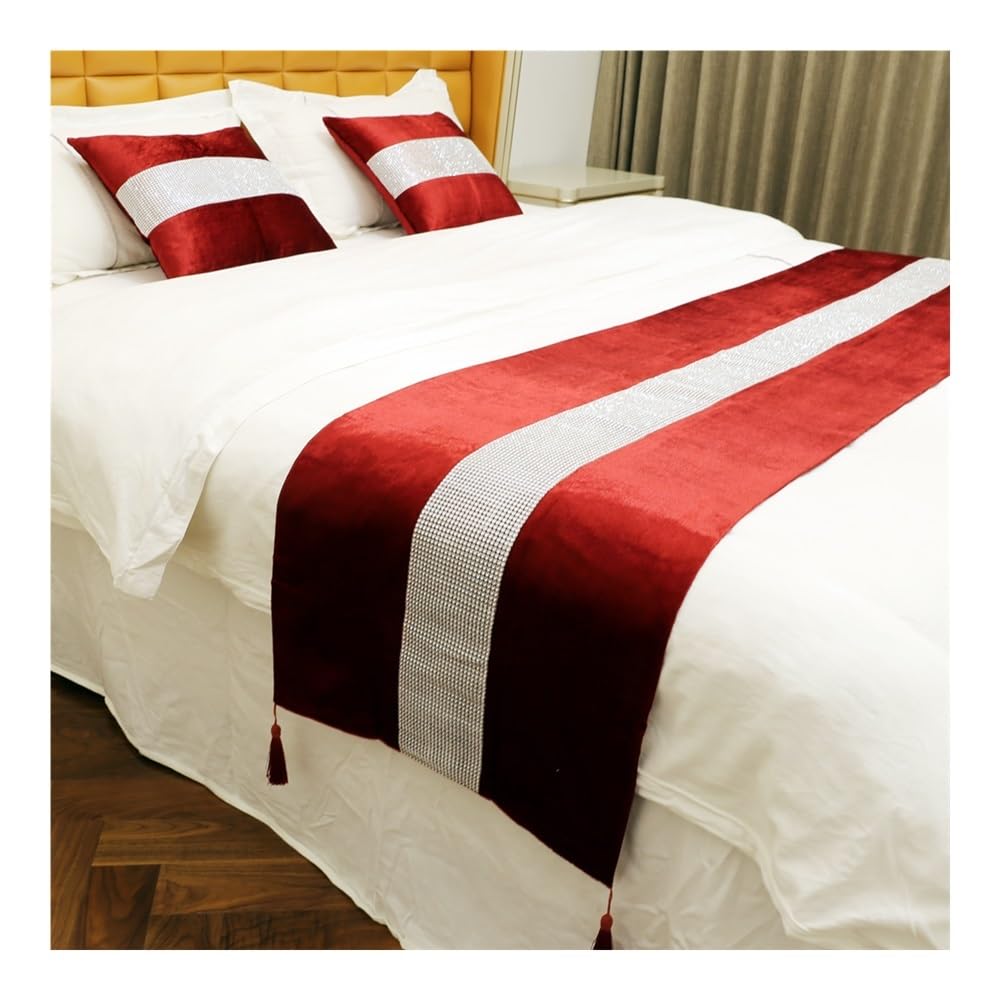 VONCYKI 50X180cm Diamond Flannel Bedspread Bed Runners Velvet Wavy Pattern Double-faced Throw Runners Home Hotel Decoration Bed Flag(Red)