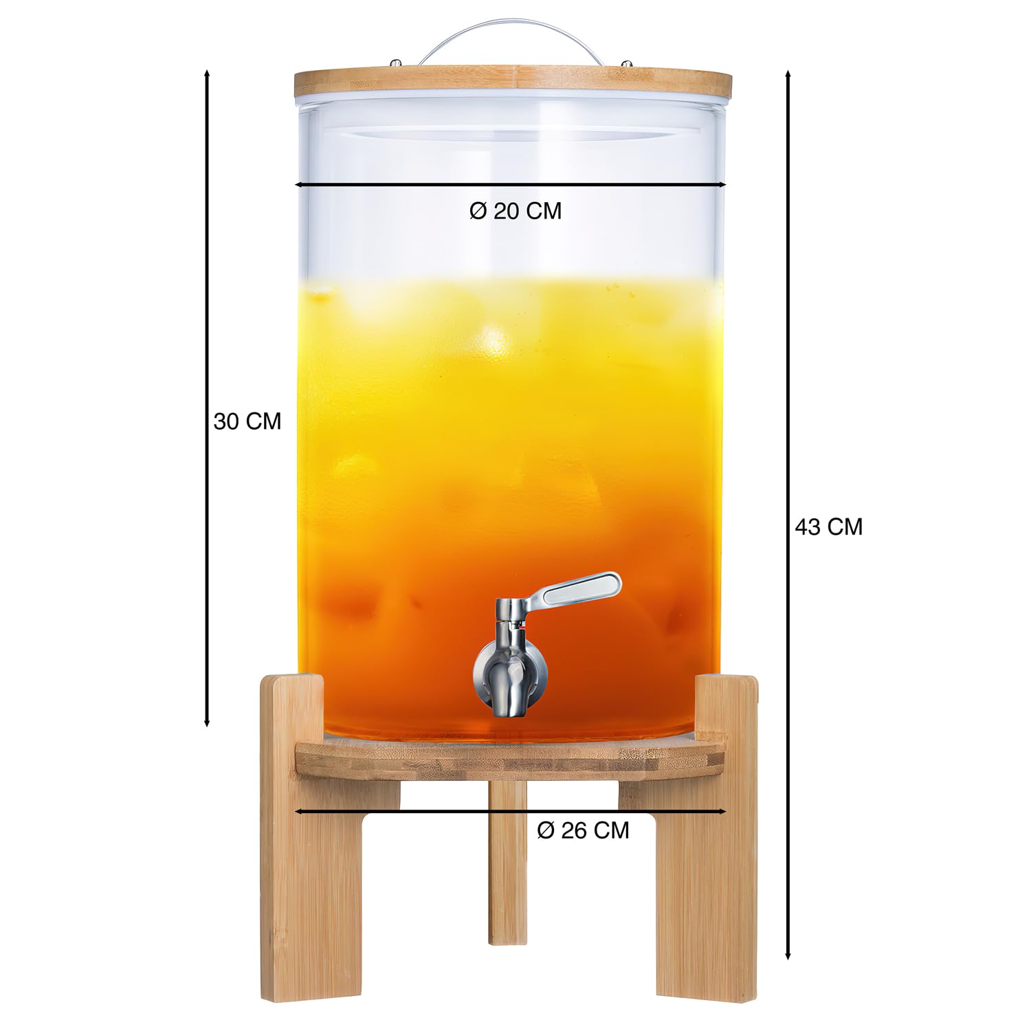 Distributeur de boissons avec robinet anti-goutte en acier inoxydable Distributeur d'eau en verre avec support en bambou et couvercle en verre borosilicaté résistant à la chaleur (8 litres)