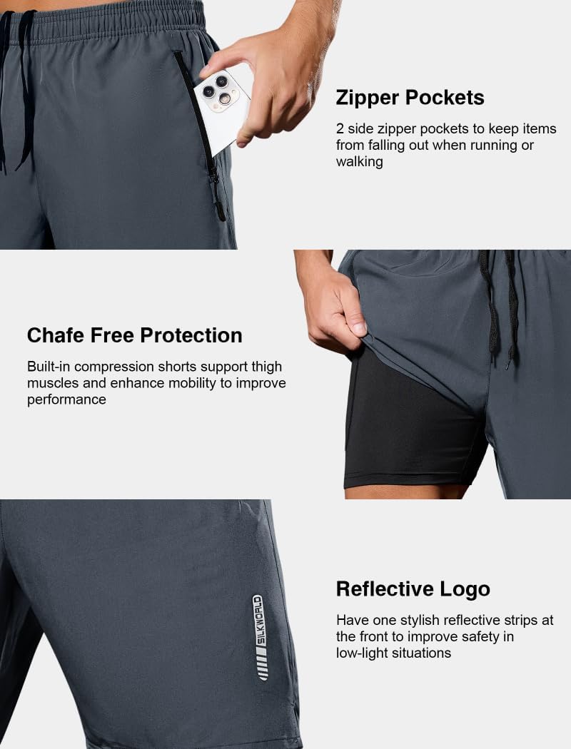SILKWORLD Quick Dry Men's 2 in 1 Running Shorts with Zip Pocket 7" Workout Gym Athletic Shorts Lightweight Training Shorts - Image 5