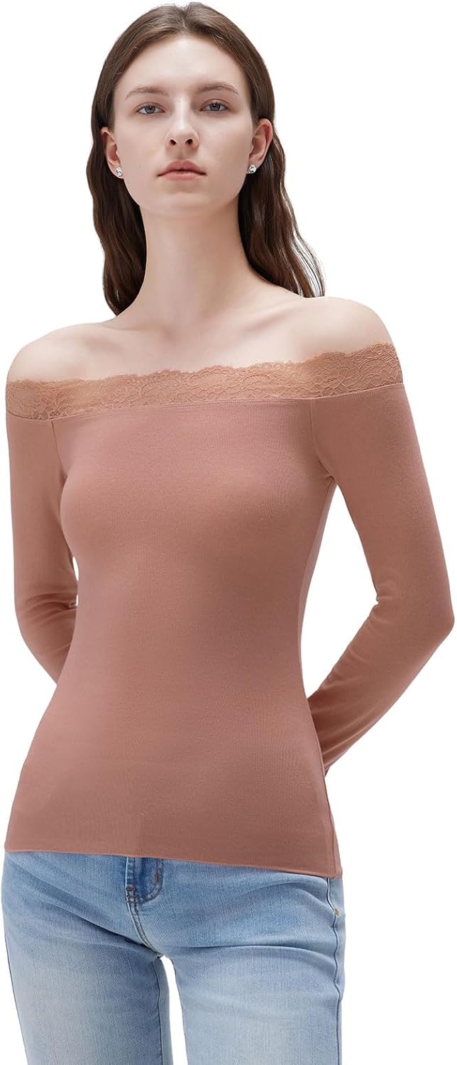 SUUKSESS Cloud Cashmere Women Lace Off Shoulder Long Sleeve Shirt Basic Knit Top