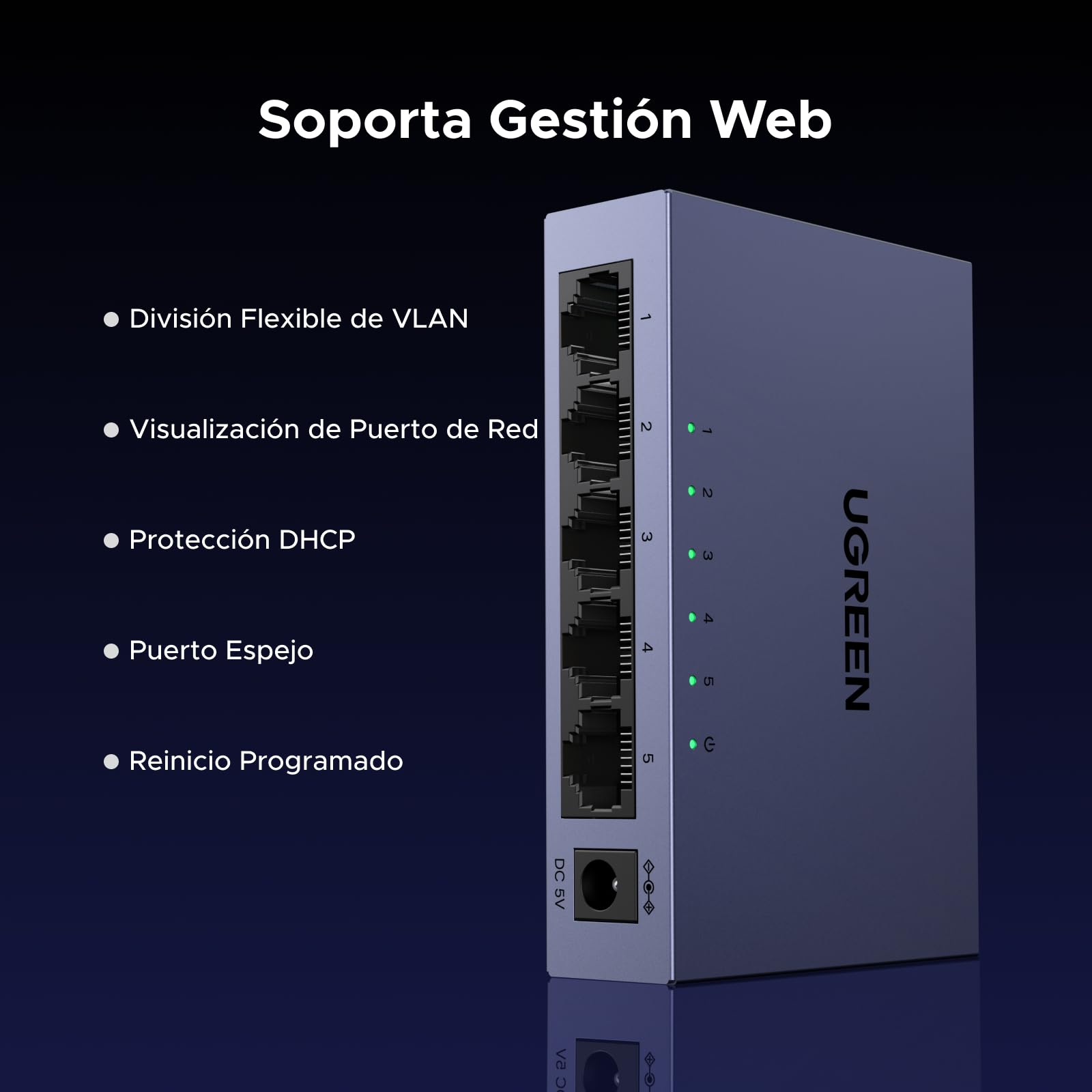 UGREEN 5 Puertos Switch Ethernet Gestionable de Red 1000Mbps | Hub RJ45 Plug and Play QoS VLAN Agregación de Enlaces Bajo Consumo Carcasa Metálica Resistente