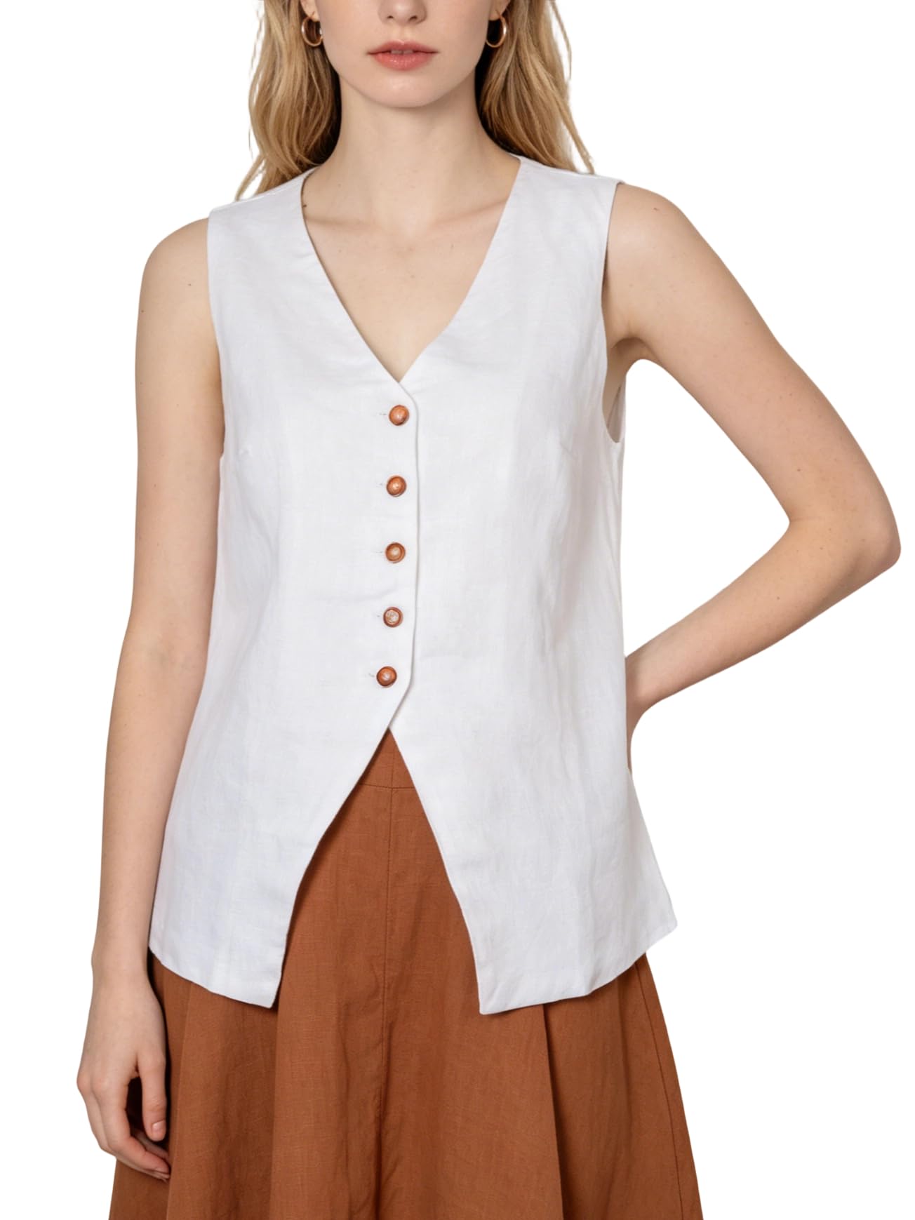 Amazhiyu Gilet da donna in puro lino, top estivo senza maniche con bottoni, scollo a V, in lino