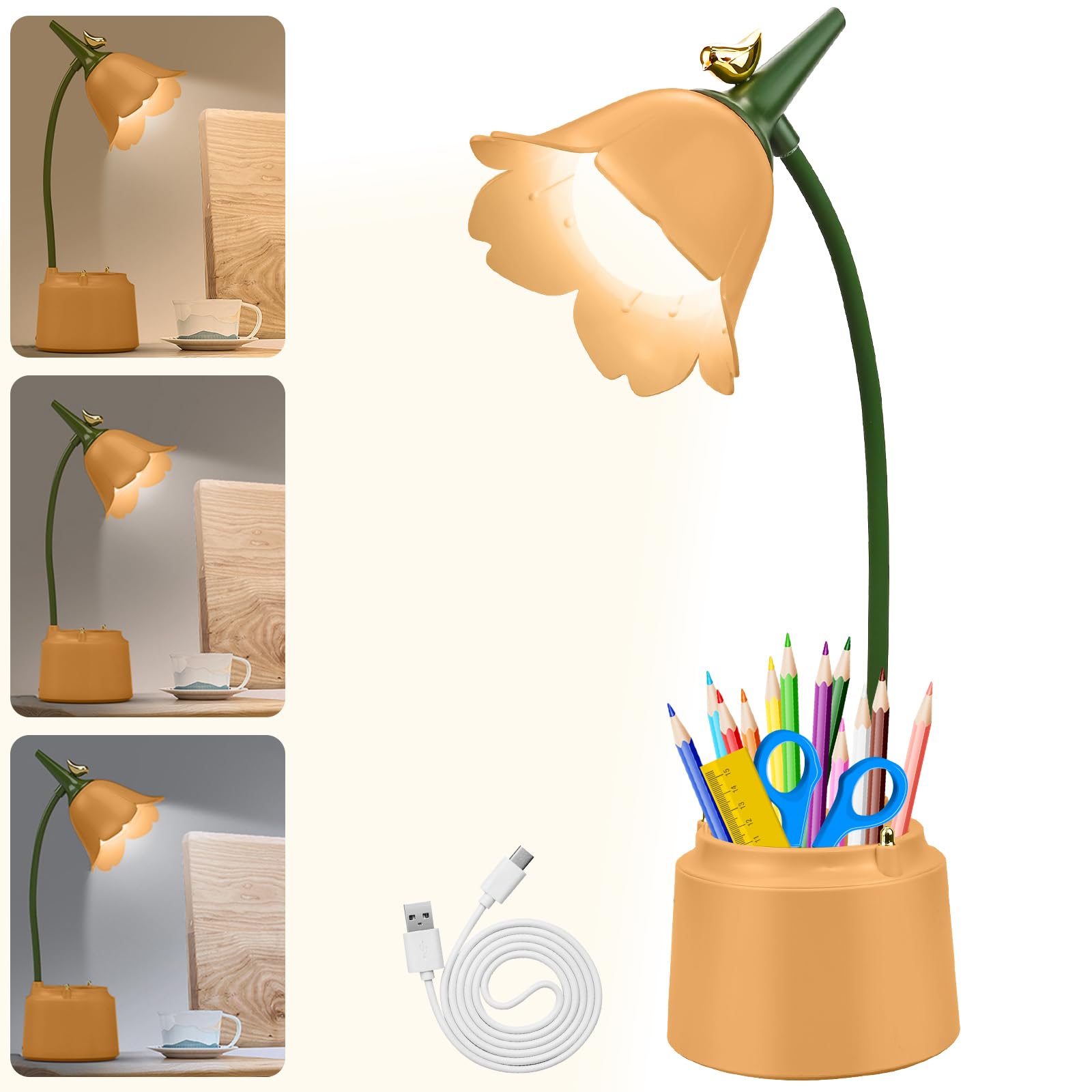 LED Flower Desk Lamp Cordless Table Light - Rechargeable Desk Lamp for Children, YELLOW Cute Cordless 3 Color Modes Dimmable Touch Control USB Girls Bedside Lamp Desk Light for Children Reading Study