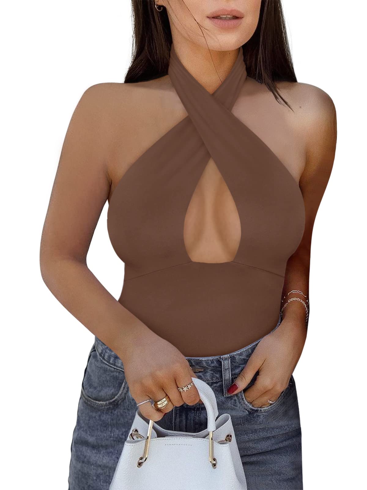 View 1 of REORIA Womens Sexy Halter Backless Bodysuits Going Out Tops Coffee Large