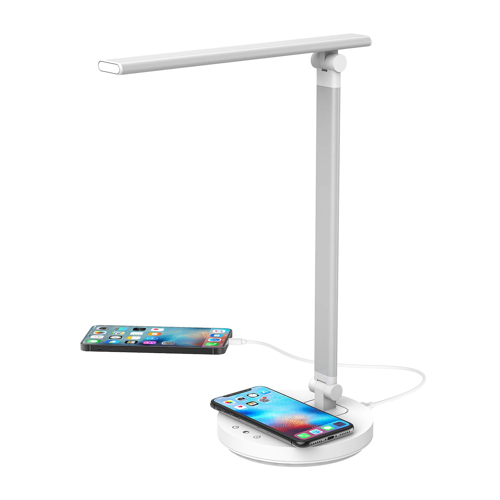 TANOSEE LED Desk Lamp with Wireless Charger, USB Charging Port, Desk Light 5 Lighting Modes, 5 Brightness Levels, Touch Control, Auto Timer, Eye-Caring Reading Table Lamp for Home Office with Adapter