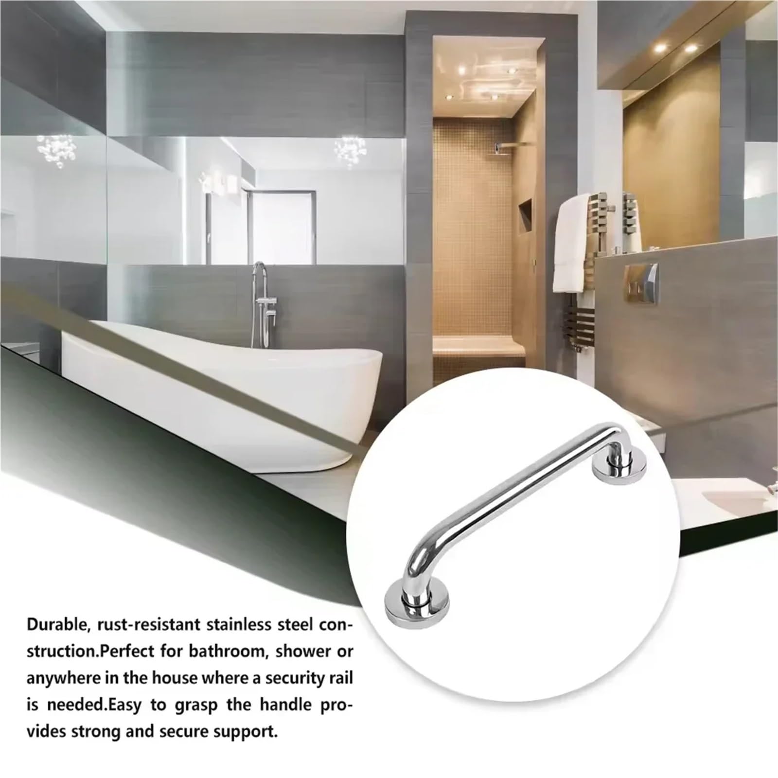 Barras de Apoyo para baños Barra de Apoyo de Seguridad para baño, de Acero Inoxidable 304, con Mango Auxiliar, para bañera, Cocina y Dormitorio(Hole spacing 225)