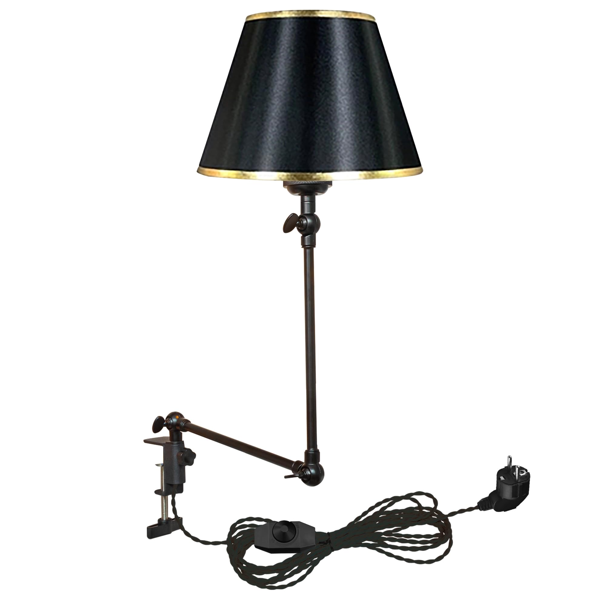 Klemmleuchte Einstellbar, Leselampe mit 2,5 m Kabel und Schwarz Stoff-Lampenschirm, Dimmbar Nachttischlampe,Augenpflege Schreibtischlampe für Büro Heimgebrauch, E27 Lampenhalterung-TD0642